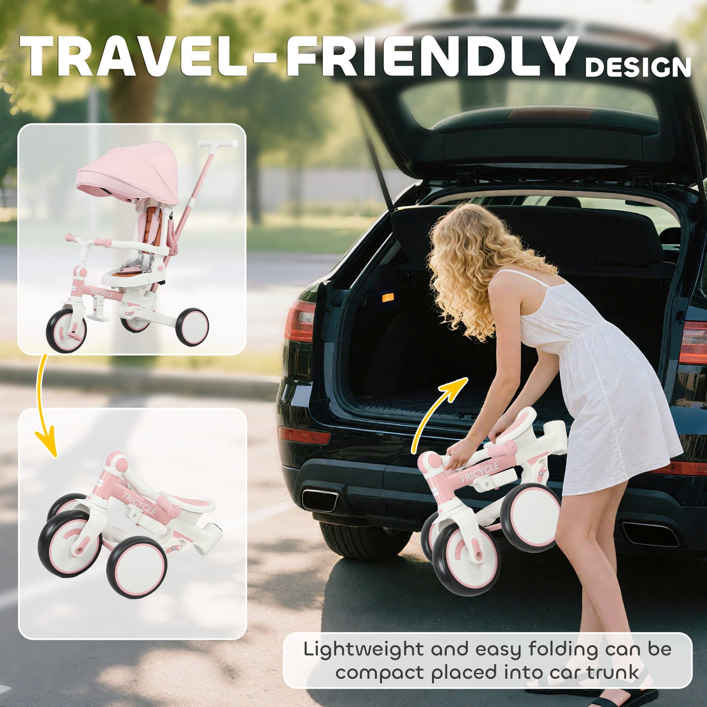 AIYAPLAY 5 in 1 Kids Trike with Adjustable Backrest, Toddler Tricycle with Push Handlebar, Adjustable Backrest, Pink