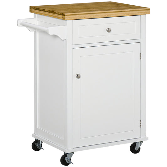 Photo of HOMCOM Kitchen Storage Trolley on Wheels with Bamboo Worktop, Rolling Kitchen Island Cart with Drawer and Towel Rack for Dining Room, White in White colour on a white background