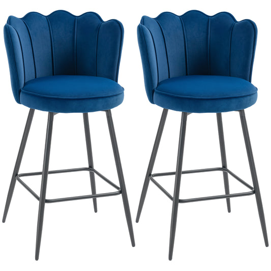 Photo of HOMCOM Set of Two Velvet-Feel Lotus Bar Stools - Dark Blue in Blue colour on a white background