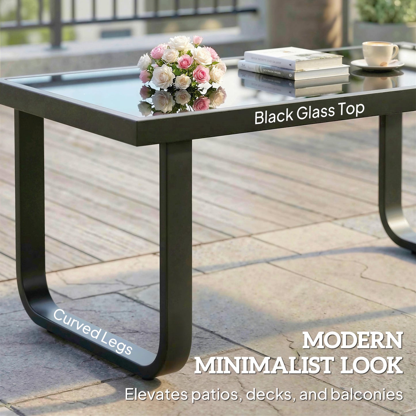 Outsunny Outdoor Garden Coffee Table, Rectangle Metal Side Table with Tempered Glass Tabletop, Adjustable Foot Pads