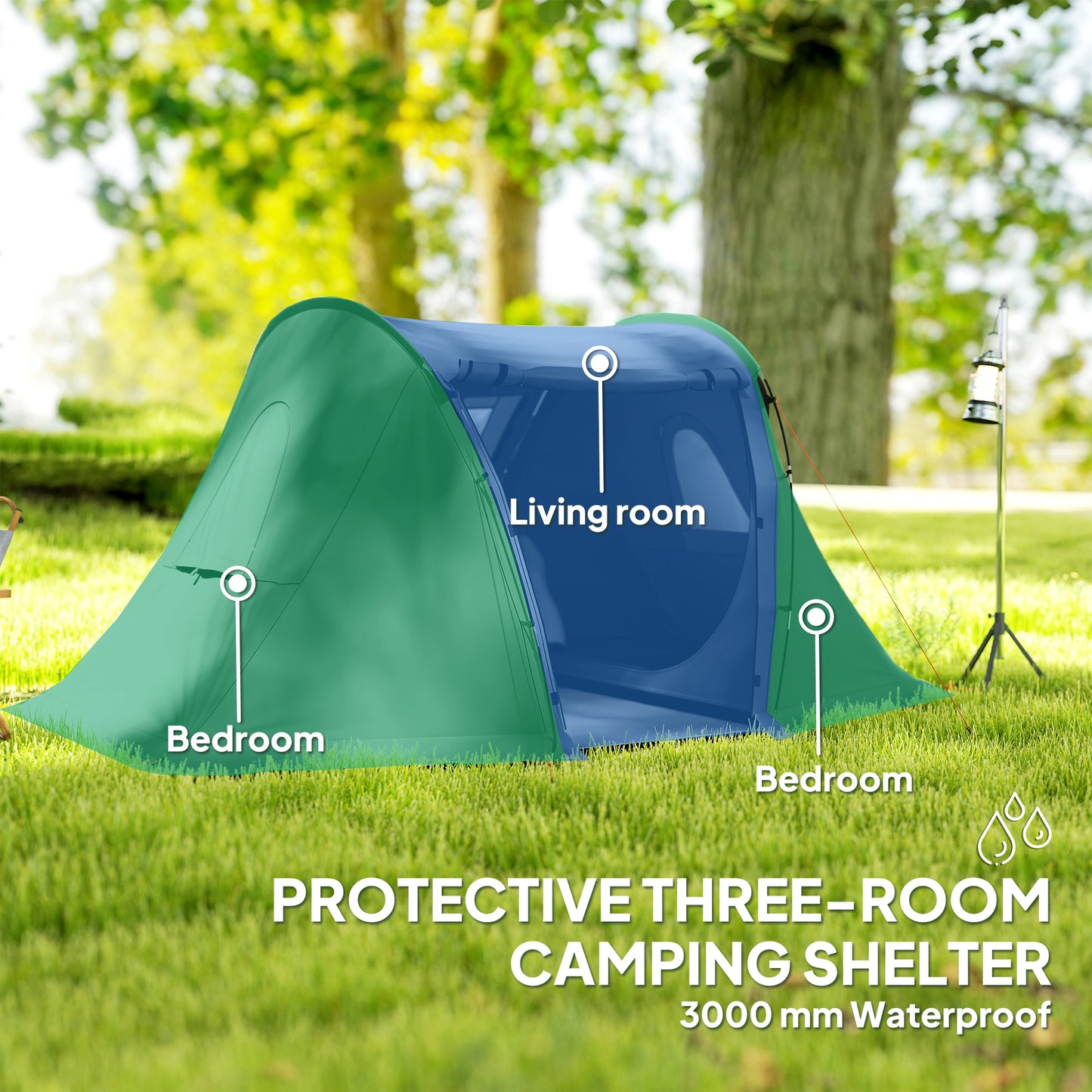 Outsunny 3 Man Camping Tent with Living Area and 2 Bedrooms, 3000mm Waterproof Family Tent with Sewn-in Groundsheet and bag, Portable Dome Shelter for Hiking, Festival, Backpacking, Drak Grey