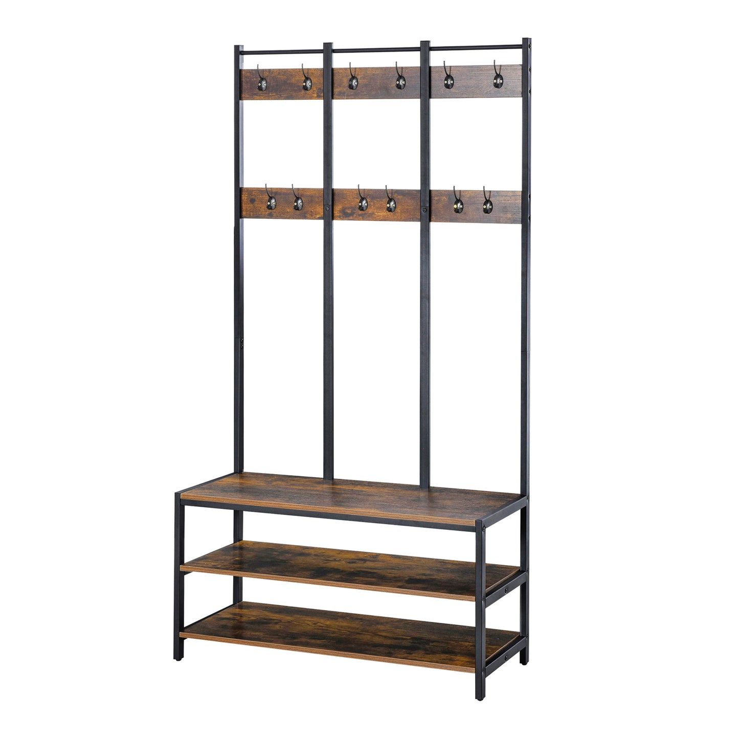 Photo of HOMCOM Coat Rack Stand, Free Standing Hall Tree, Coat Stand with Hooks, Bench and Shoe Rack, 100cm x 38.5cm x 185.5cm, Industrial Style, Rustic Brown and Black in Black colour on a white background