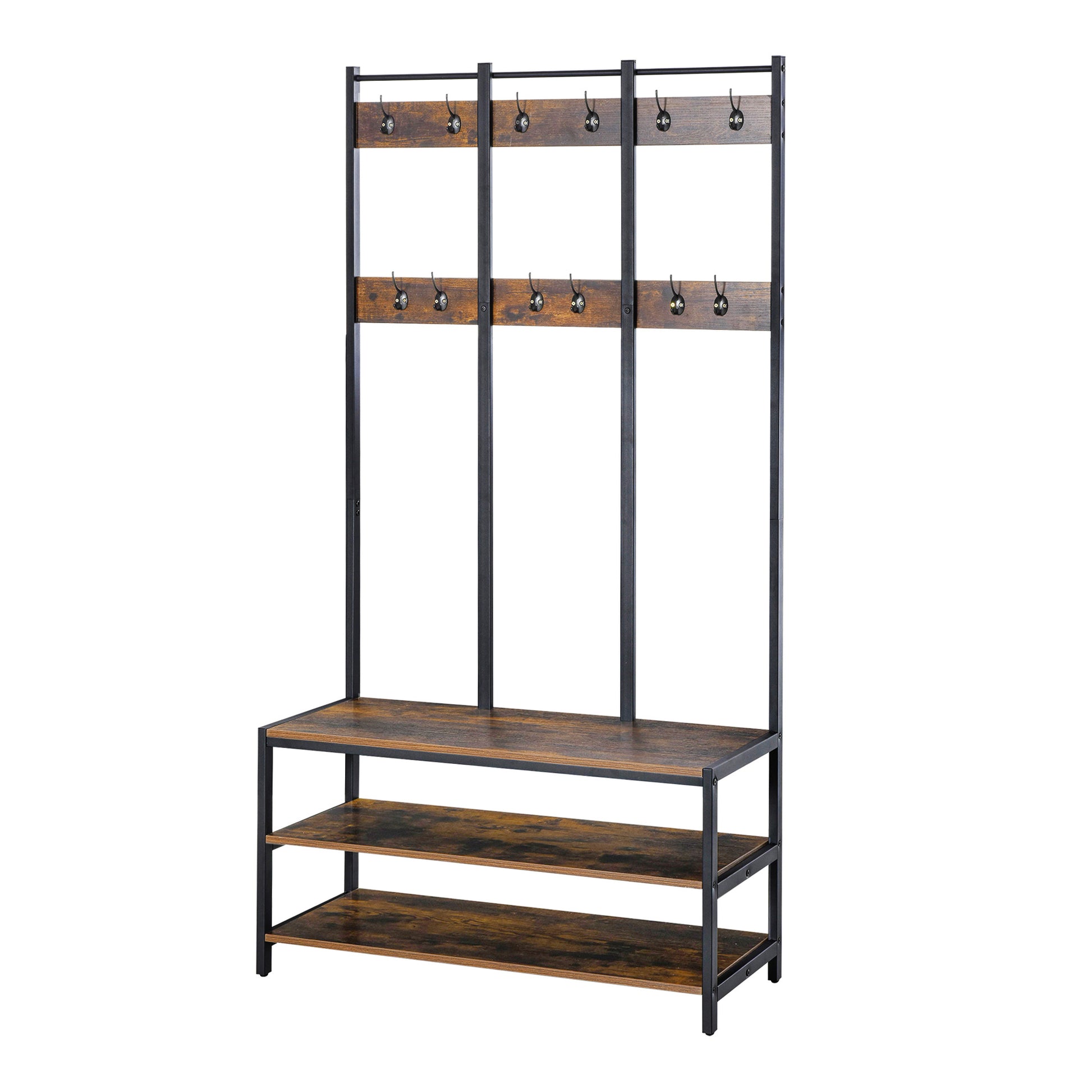 Photo of HOMCOM Coat Rack Stand, Free Standing Hall Tree, Coat Stand with Hooks, Bench and Shoe Rack, 100cm x 38.5cm x 185.5cm, Industrial Style, Rustic Brown and Black in Black colour on a white background
