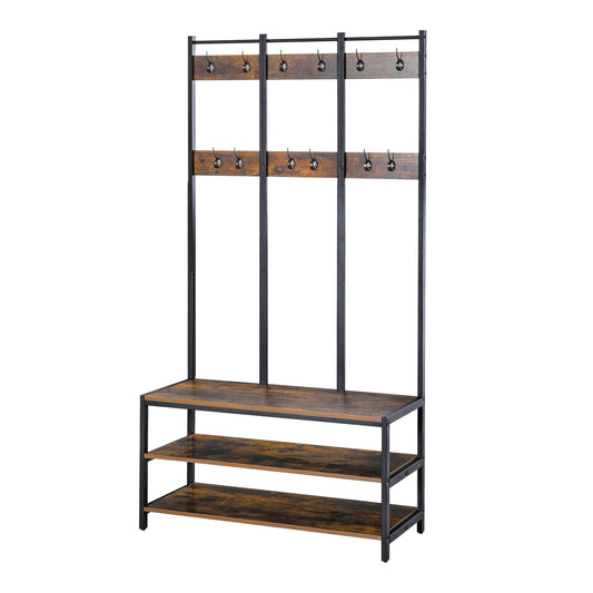 Photo of HOMCOM Coat Rack Stand, Free Standing Hall Tree, Coat Stand with Hooks, Bench and Shoe Rack, 100cm x 38.5cm x 185.5cm, Industrial Style, Rustic Brown and Black in Black colour on a white background