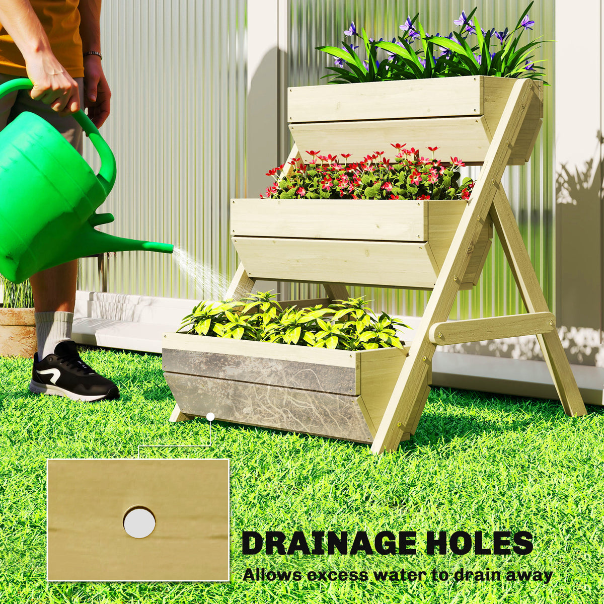 Outsunny three-tier wooden raised garden bed with drainage holes, planted with flowers and foliage