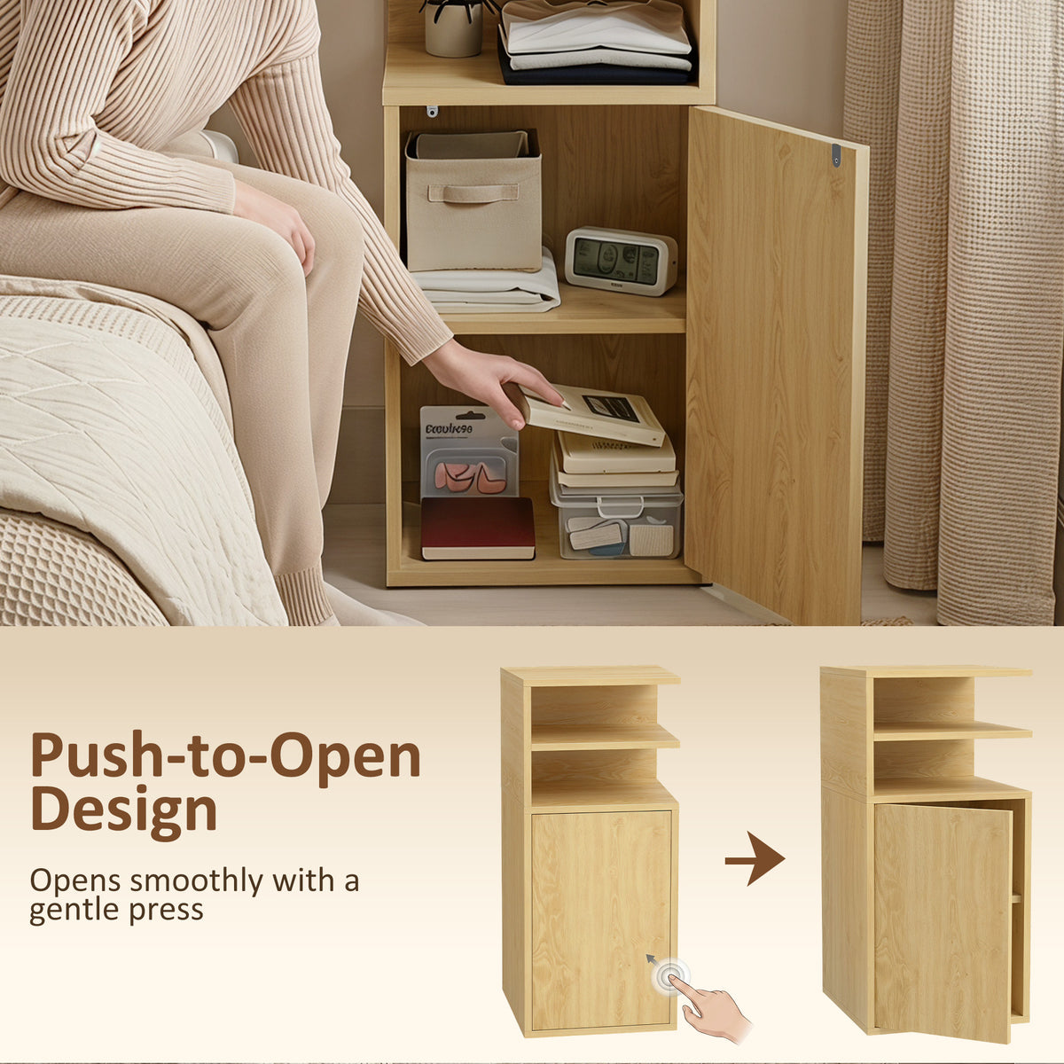 HOMCOM Slim Bedside Table Set of 2, Narrow Bedside Cabinet with Open Cubbies and Cupboard for Bedroom Living Room, Oak