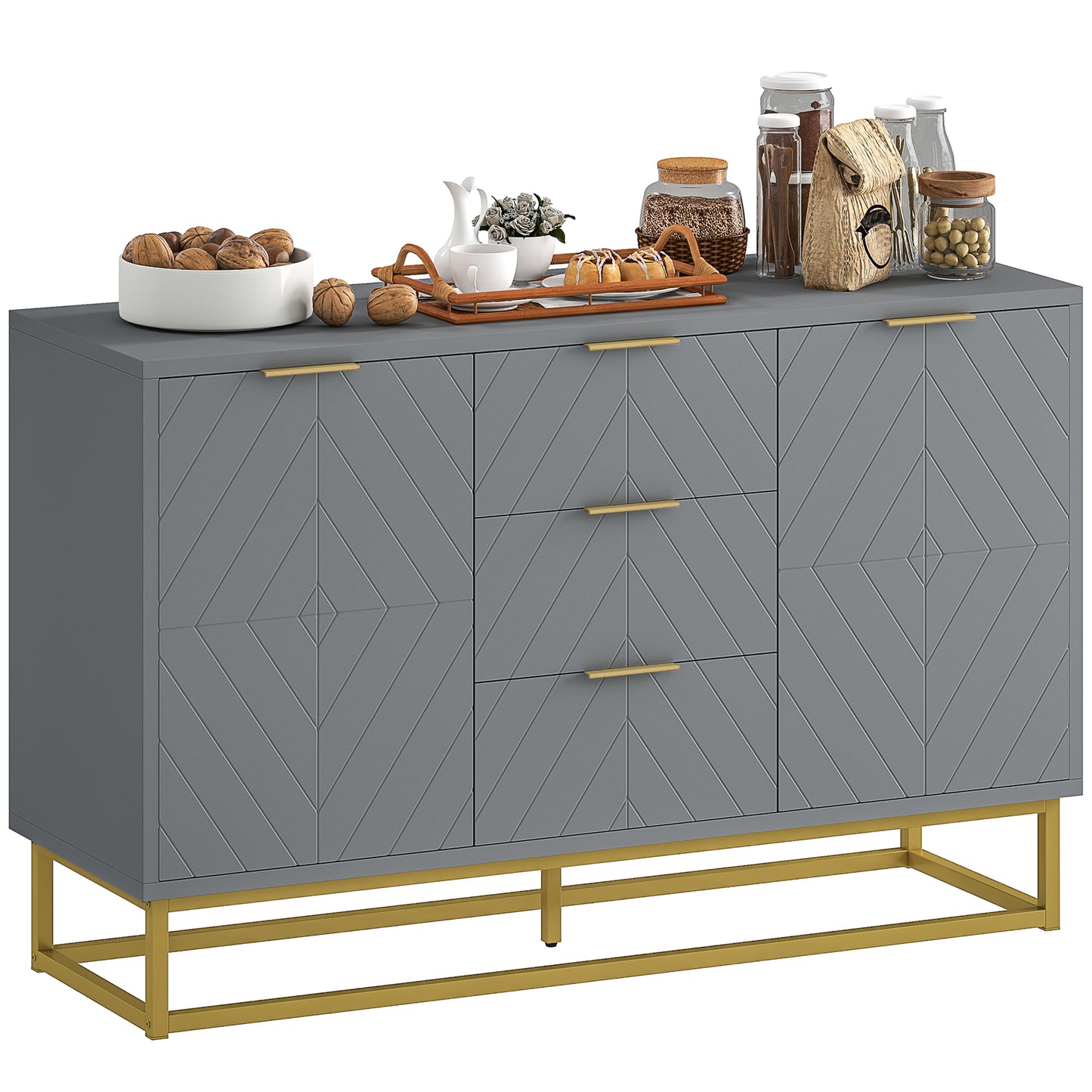 Photo of HOMCOM Sideboard with 3 Drawers and Adjustable Shelves for Living Room - Grey in Grey colour on a white background
