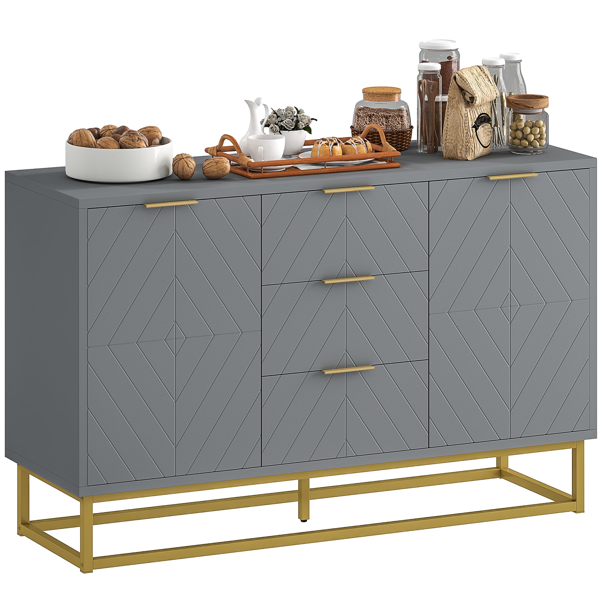 Photo of HOMCOM Sideboard with 3 Drawers and Adjustable Shelves for Living Room - Grey in Grey colour on a white background