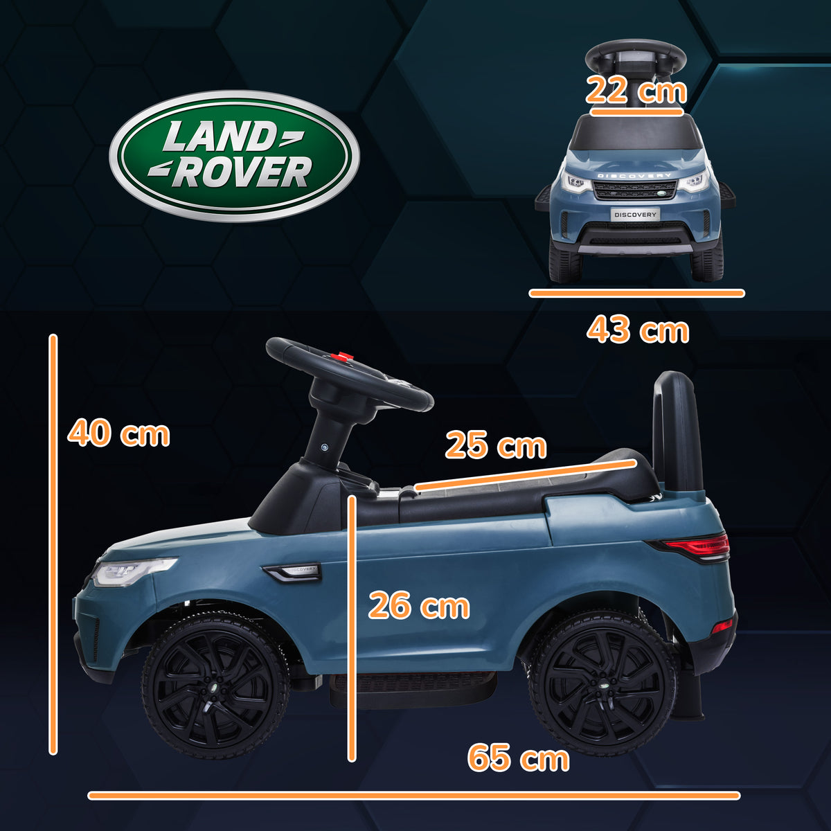 AIYAPLAY Land Rover ride-on car side view with dimensions: 65 cm long and 40 cm high