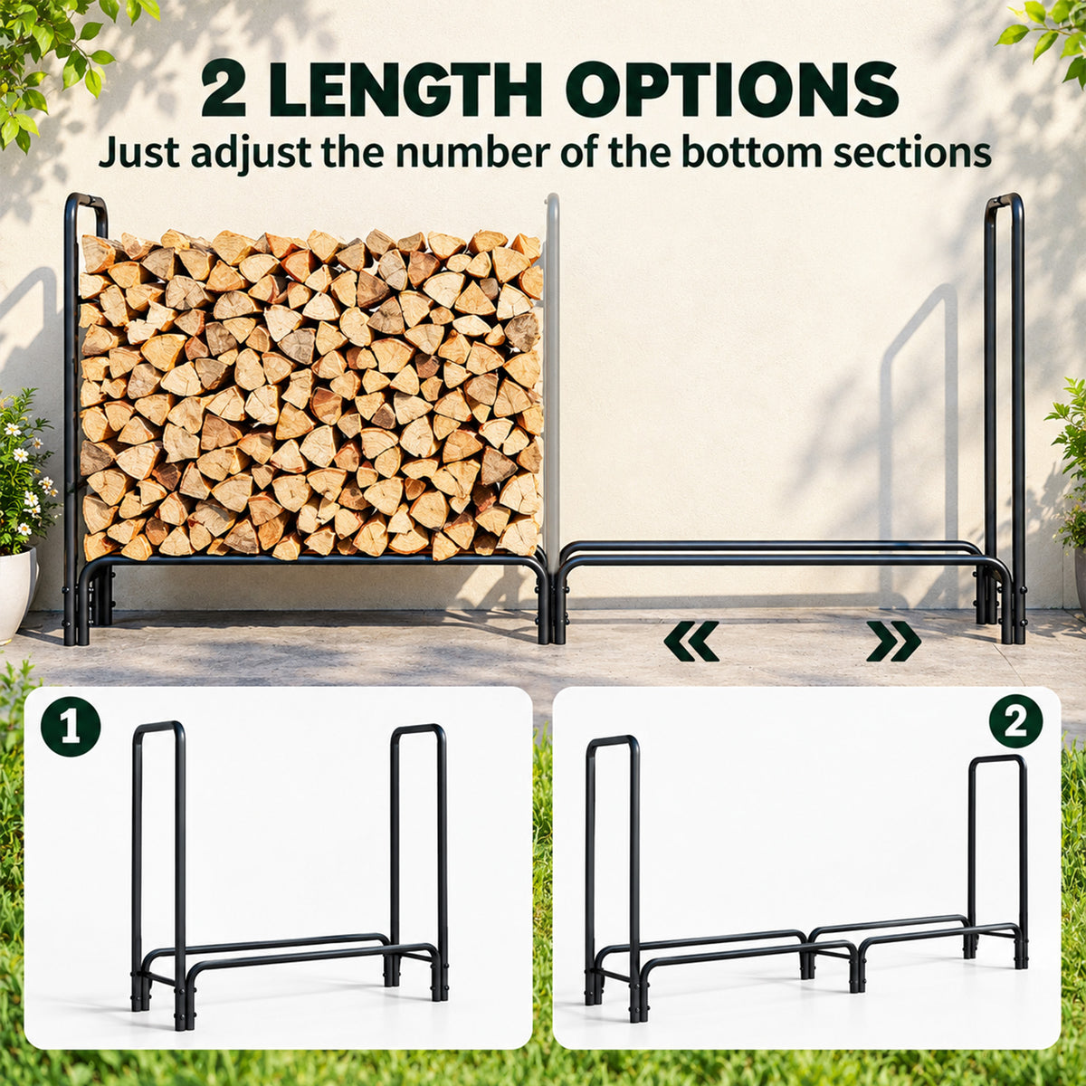 Outsunny adjustable firewood rack shown in two lengths, including a log-filled setup