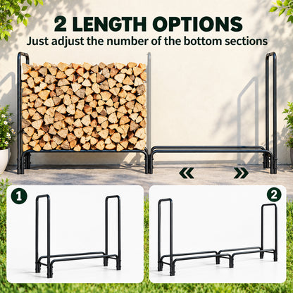 Outsunny adjustable firewood rack shown in two lengths, including a log-filled setup