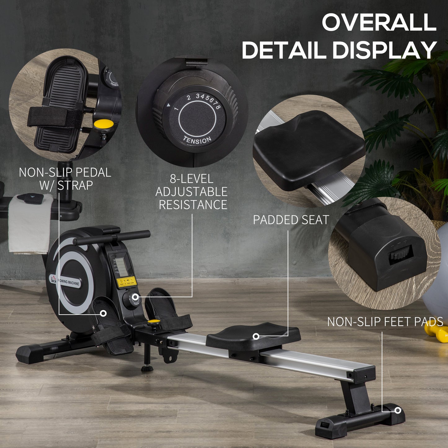 HOMCOM Folding Rowing Machine, Magnetic Rower Machine with 8 Levels Quiet Resistance, LCD Monitor, Wheels, Aluminium Slide Rail, Vertical Storage, 102kg Weight Capacity for Home Gym Cardio Training