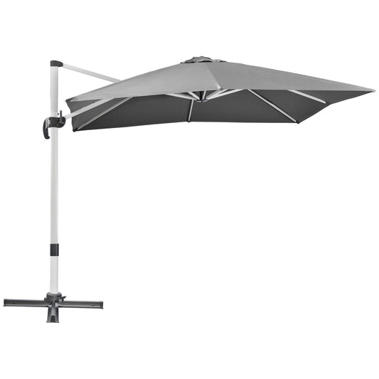 Photo of Outsunny 3 x 3(m) Cantilever Roma Parasol, Square Garden Umbrella with Cross Base, Crank Handle, Tilt, 360° Rotation and Aluminium Frame, Grey in Grey colour on a white background
