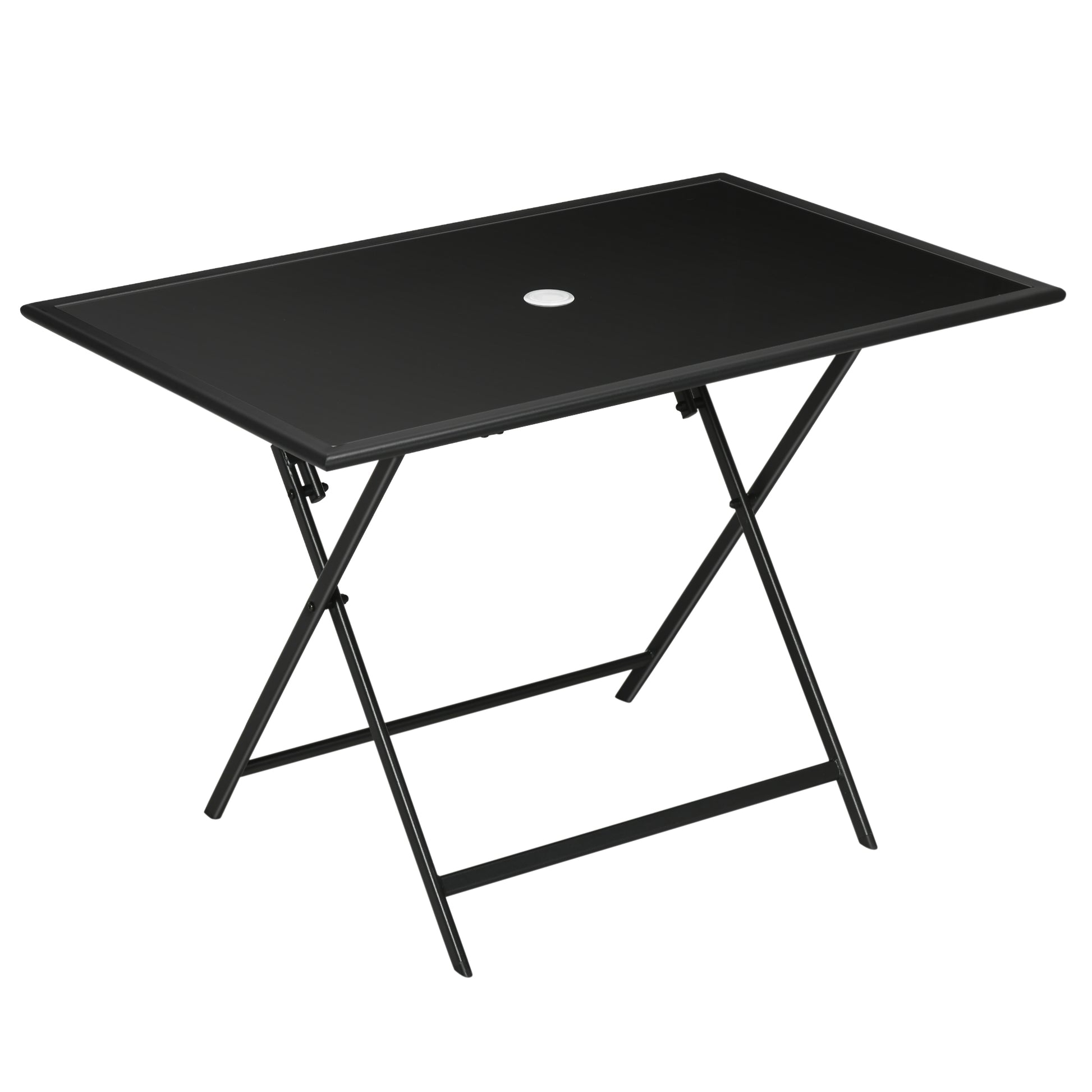 Photo of Outsunny Folding Outdoor Dining Table for 6, Rectangle Garden Table Tempered Glass Top with Parasol Hole for Patio, Balcony, Terrace, 110 x 70 x 70 cm, Black in Black colour on a white background