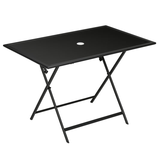 Photo of Outsunny Folding Outdoor Dining Table for 6, Rectangle Garden Table Tempered Glass Top with Parasol Hole for Patio, Balcony, Terrace, 110 x 70 x 70 cm, Black in Black colour on a white background