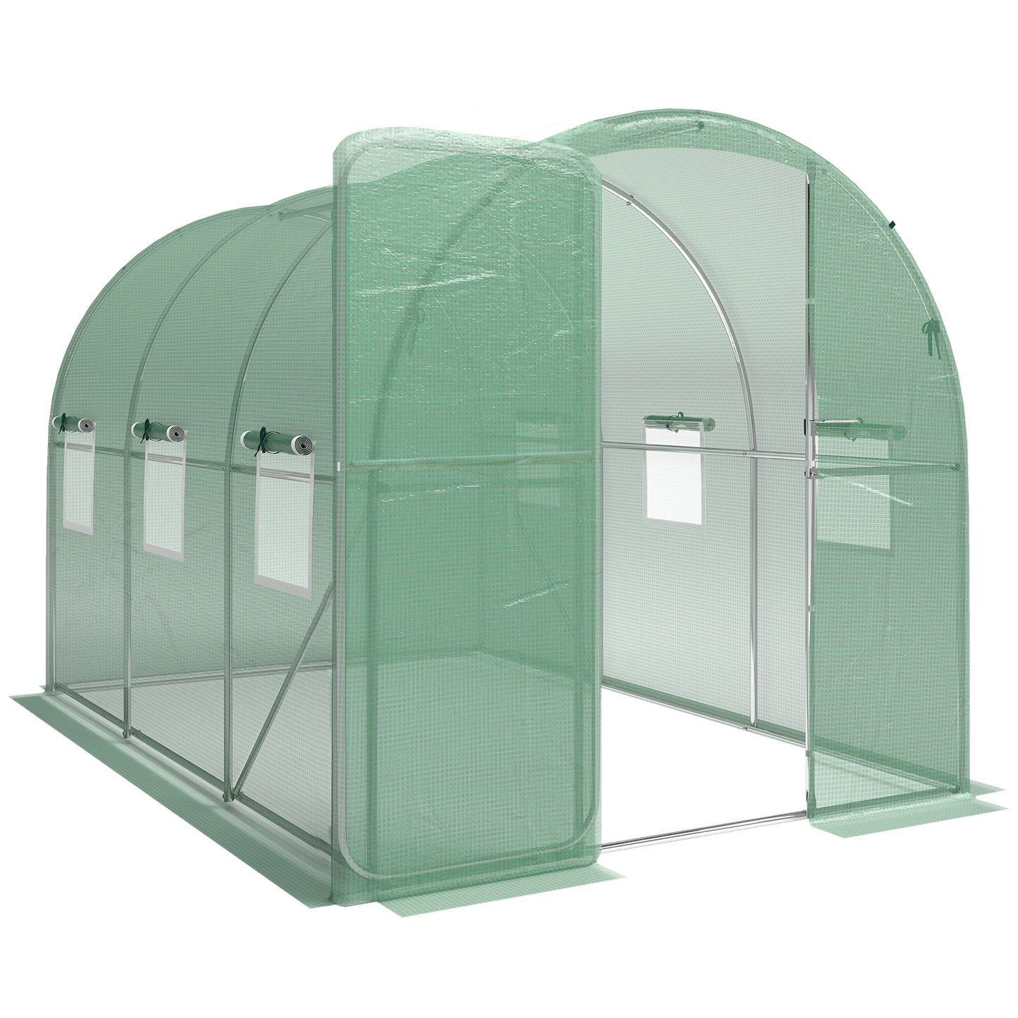 Photo of Outsunny 2 x 3 m Walk-in Polytunnel Greenhouse with Hinged Door and 6 Roll Up Mesh Windows, Garden Tunnel Warm House Tent, Green in Green colour on a white background