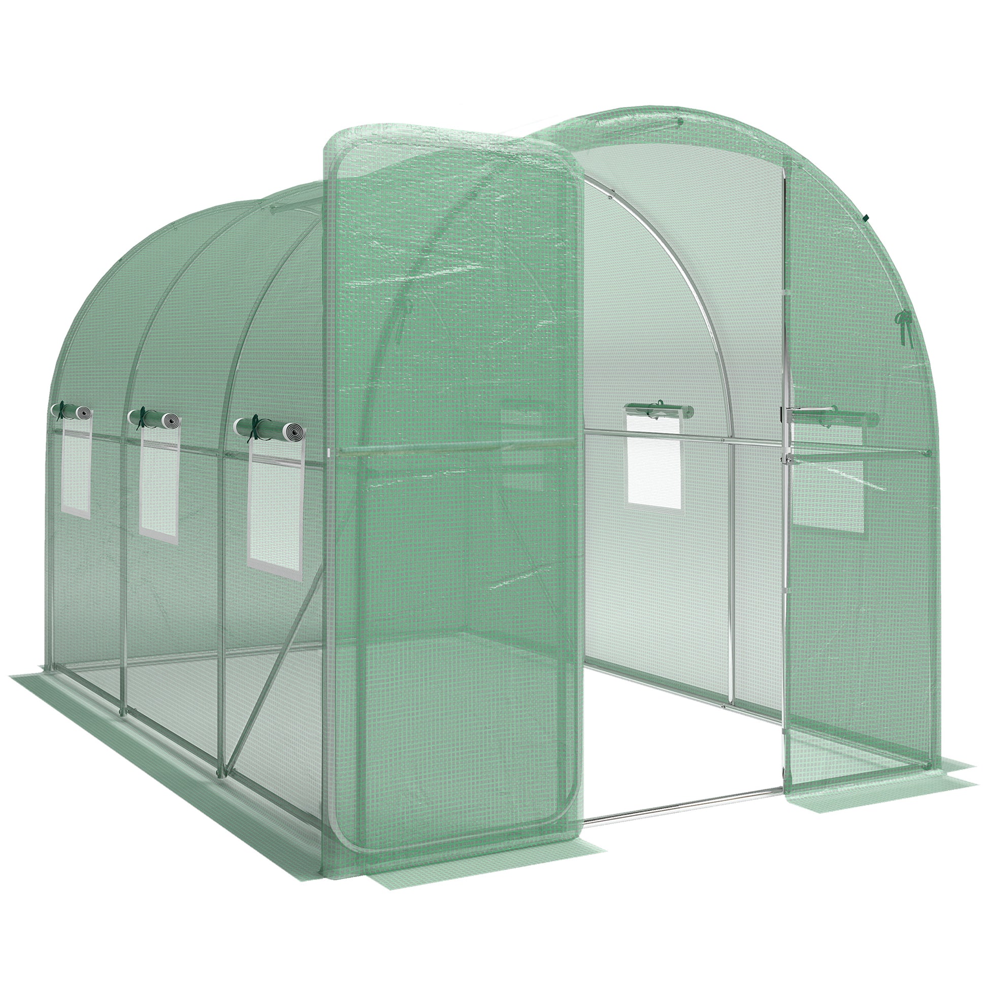 Photo of Outsunny 2 x 3 m Walk-in Polytunnel Greenhouse with Hinged Door and 6 Roll Up Mesh Windows, Garden Tunnel Warm House Tent, Green in Green colour on a white background