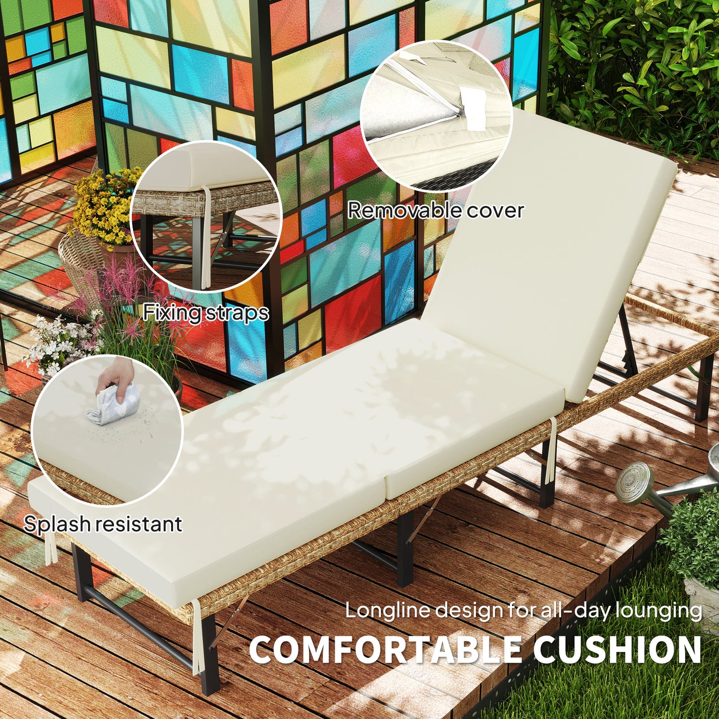 Outsunny Single Folding Rattan Sun Lounger, with Cushion - Grey
