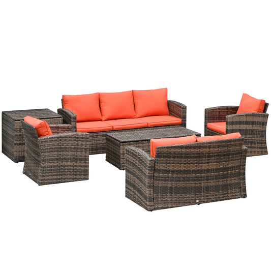 Photo of Outsunny 6 Pieces Rattan Garden Furniture Set, 7 Seater Wicker Outdoor Furniture Set with Storage Tea Table & Side Table, Sectional Garden Sofa Set with Cushions, Orange in Orange colour on a white background