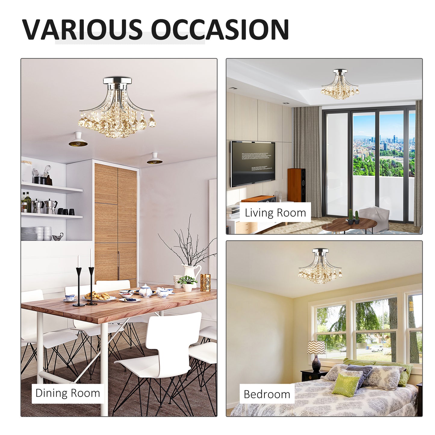 HOMCOM Crystal Chandeliers, 40cm K9 Droplets Ceiling Light with 3 E14 Bulb Base, Pendant Lights for Living Room, Bedroom, Dining Room, Hallway, Kitchen