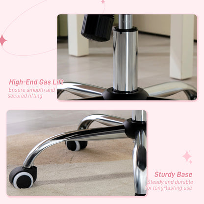Close-up of the chair's chrome gas lift, sturdy base, and caster wheel