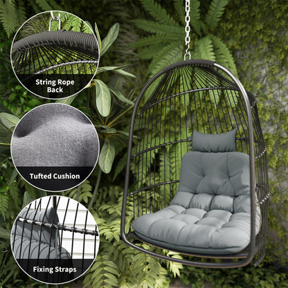 Hanging egg chair with tufted gray cushion, headrest and fixing straps