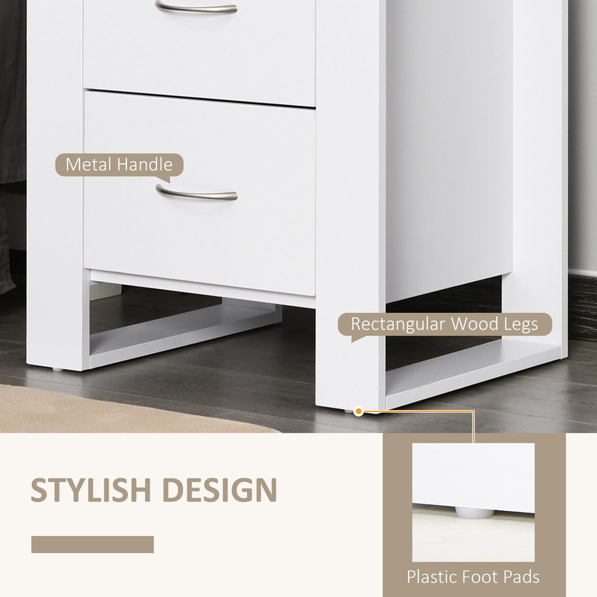 White bedside table detail showing curved metal handles, rectangular legs and foot pads.