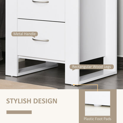 White bedside table detail showing curved metal handles, rectangular legs and foot pads.
