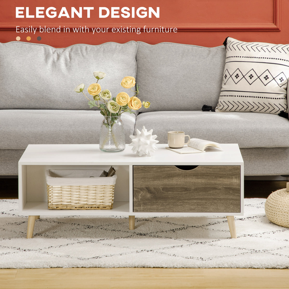 White coffee table with an open shelf, wood-front drawer, and tapered wood legs