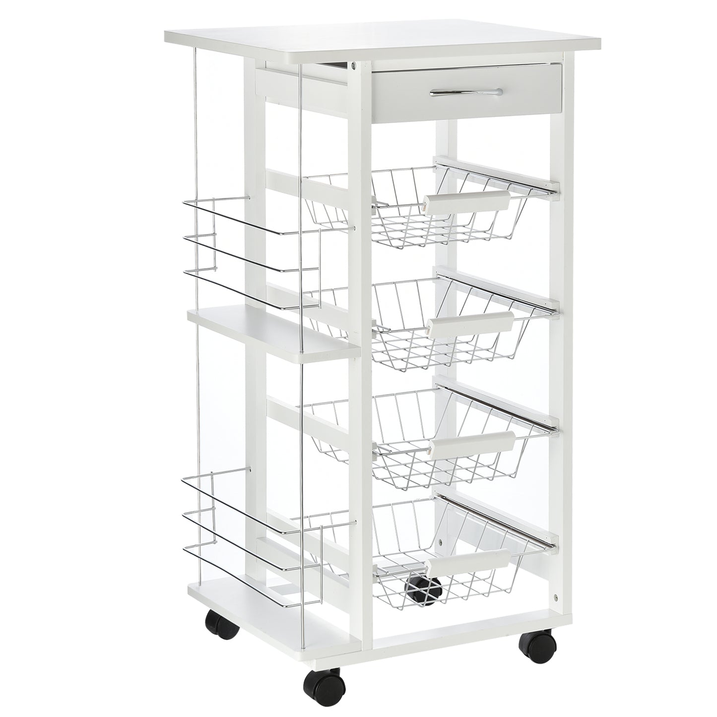 Photo of HOMCOM Rolling Kitchen Cart, Utility Storage Cart with 4 Basket Drawers & Side Racks, Wheels for Dining Room, White in White colour on a white background