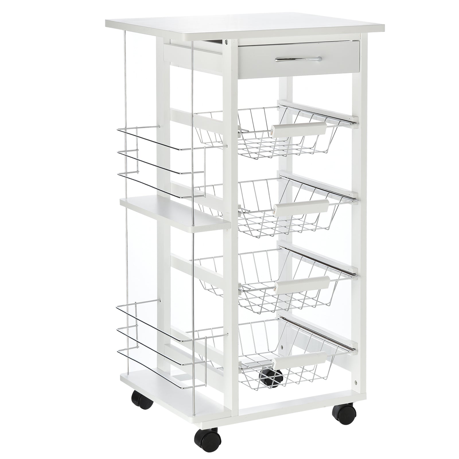 Photo of HOMCOM Rolling Kitchen Cart, Utility Storage Cart with 4 Basket Drawers & Side Racks, Wheels for Dining Room, White in White colour on a white background