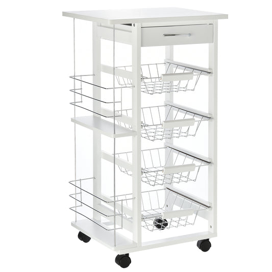 Photo of HOMCOM Rolling Kitchen Cart, Utility Storage Cart with 4 Basket Drawers & Side Racks, Wheels for Dining Room, White in White colour on a white background
