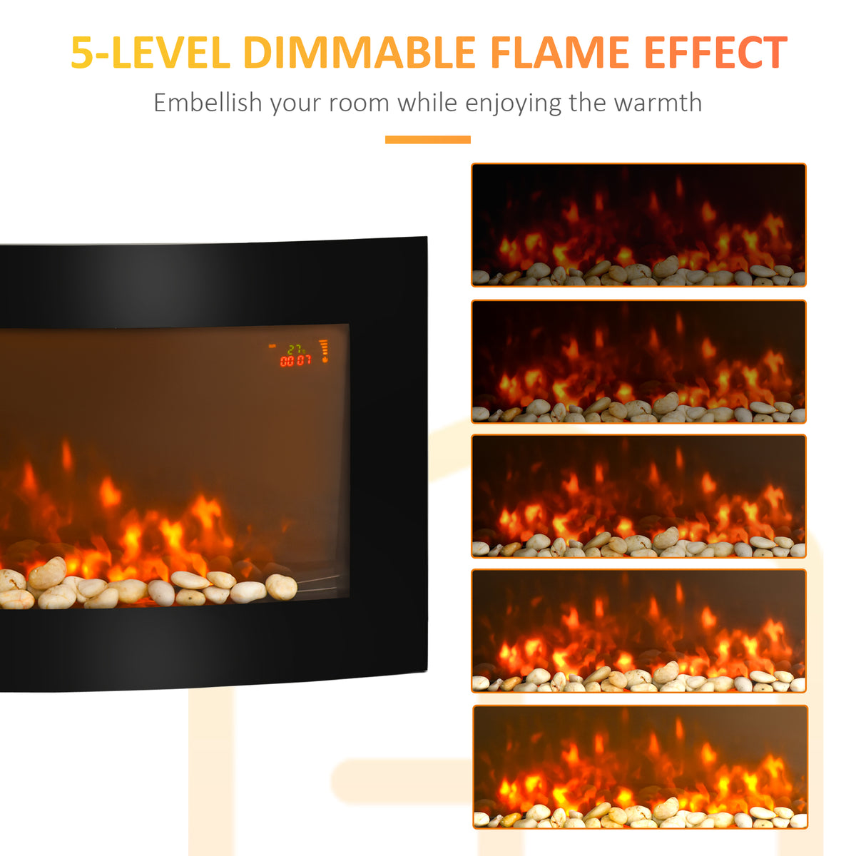 HOMCOM curved electric fireplace showing five flame brightness levels
