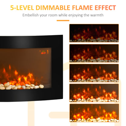 HOMCOM curved electric fireplace showing five flame brightness levels