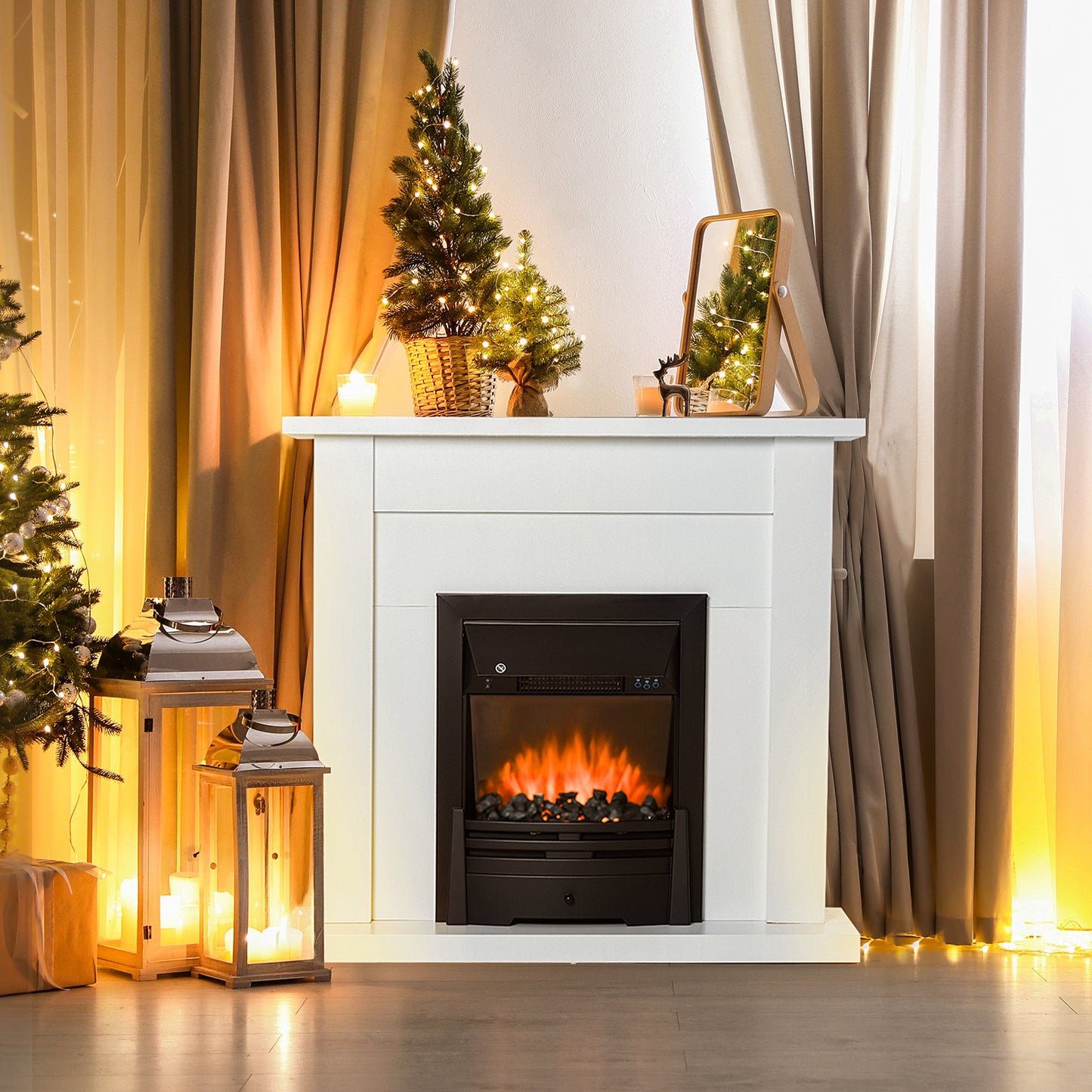 HOMCOM 40" Electric Firplace Suites & Mantelpiece w/LED Flames Remote Marble Stone Modern Curved Surround Intelligent Safe Tempered Glass Adjustable Thermal 1000W/2000W