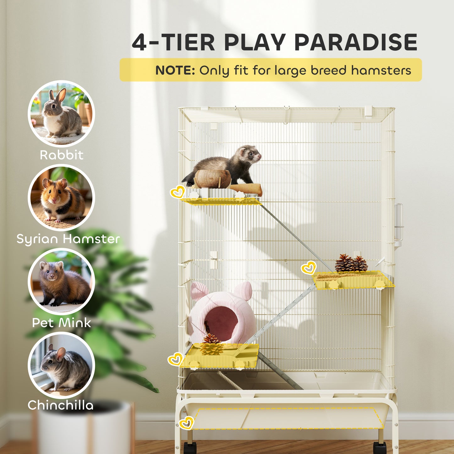PawHut 4-Level Rolling Small Animal Cage, Rabbit Cage with 3 Ramps, Water Bottle, Food Dish, 15cm Deep Tray, Beige