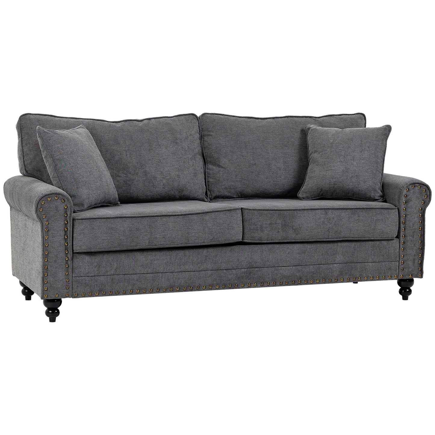 Photo of HOMCOM 196cm 3 Seater Sofa, Fabric Sofa with Rubber Wood Legs, Nailhead Trim, 2 Pillows, Small Upholstered Couch Settee for Living Room, Guest Room, Grey in Grey colour on a white background