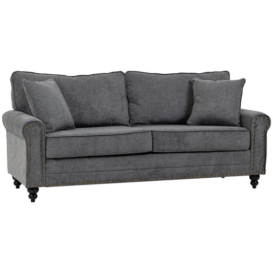 Photo of HOMCOM 196cm 3 Seater Sofa, Fabric Sofa with Rubber Wood Legs, Nailhead Trim, 2 Pillows, Small Upholstered Couch Settee for Living Room, Guest Room, Grey in Grey colour on a white background