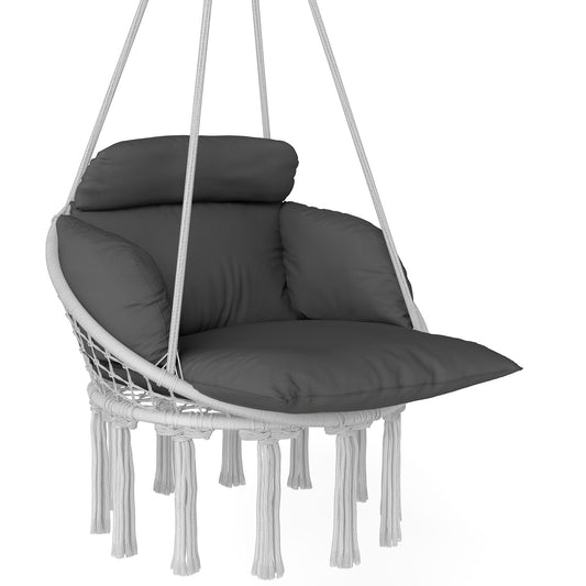 Photo of Outsunny Hanging Chair Outdoor Hammock Chair with Soft Cushion, Cotton Rope Boho Style Swing Chair, Hanging Garden Swing Seat for Indoor Outdoor, Dark Grey in Grey colour on a white background