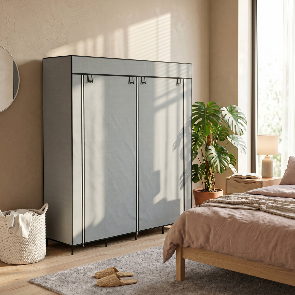 Closed dark gray fabric wardrobe with three front panels