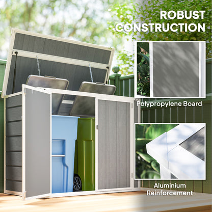 Outsunny double-bin shed with open lid and doors, showing polypropylene panels and aluminum reinforcement