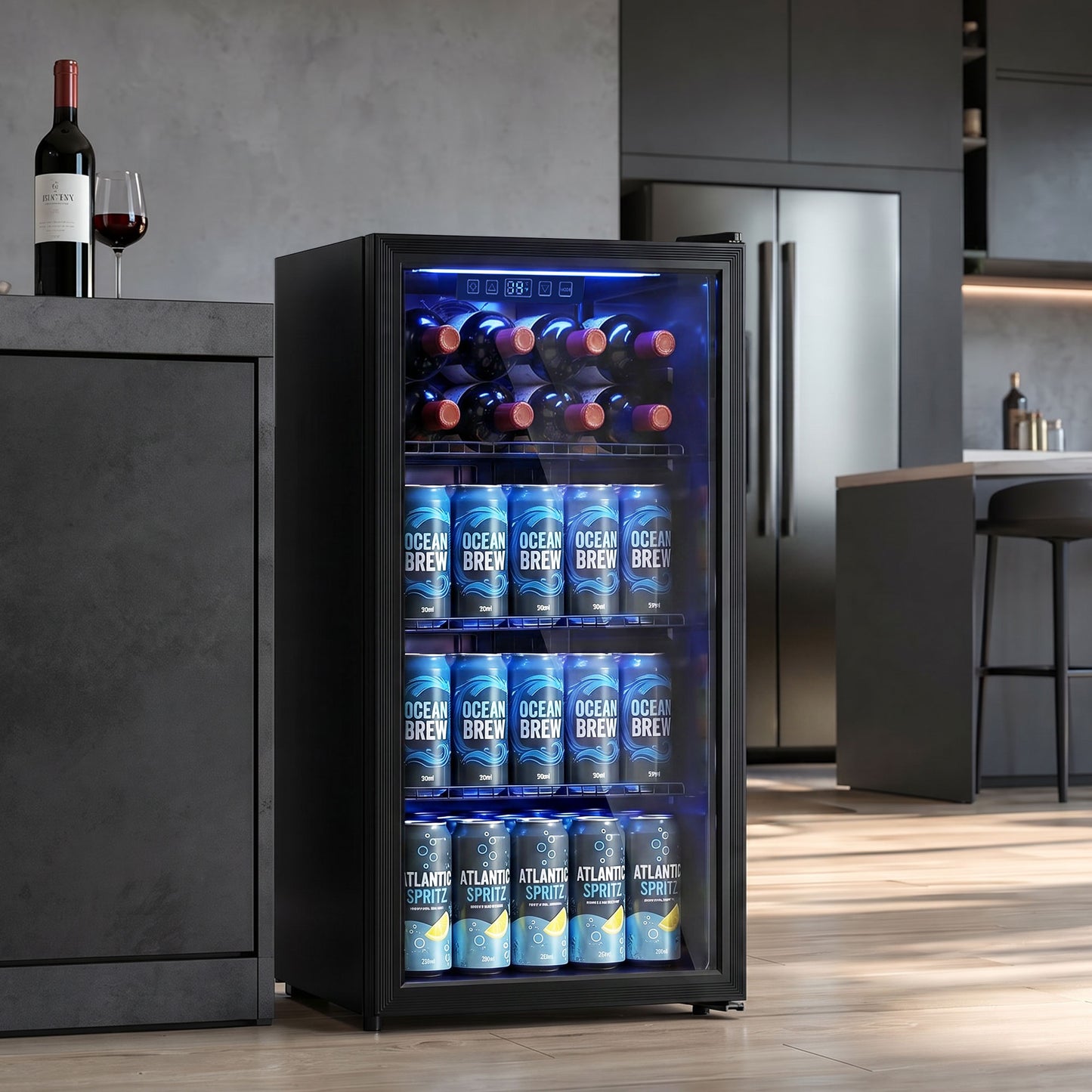 HOMCOM 90L Drinks Fridge, 139 Can Under Counter Freestanding Beer Fridge with LED Light