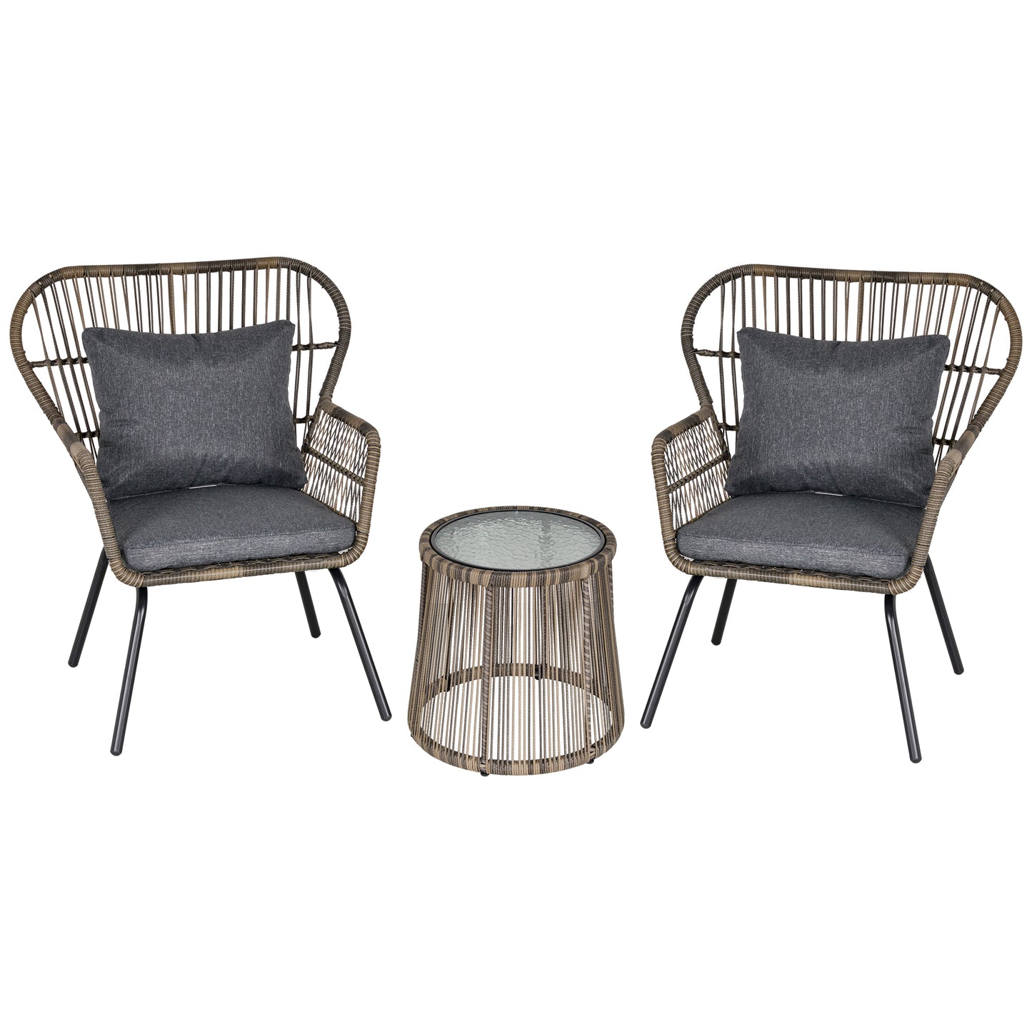 Photo of Outsunny 3 Pieces Rattan Bistro Set, Wicker Garden Furniture Set with Cushions, Glass Top Coffee Table and Chairs for Outdoor, Patio, Balcony, Grey in Grey colour on a white background