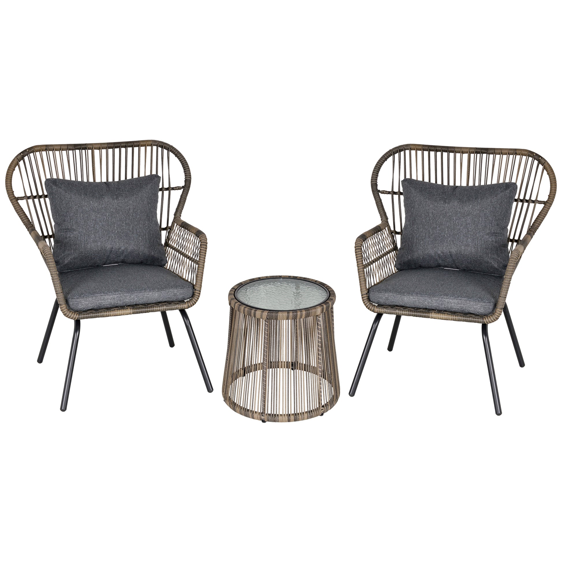 Photo of Outsunny 3 Pieces Rattan Bistro Set, Wicker Garden Furniture Set with Cushions, Glass Top Coffee Table and Chairs for Outdoor, Patio, Balcony, Grey in Grey colour on a white background