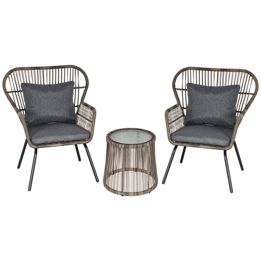 Photo of Outsunny 3 Pieces Rattan Bistro Set, Wicker Garden Furniture Set with Cushions, Glass Top Coffee Table and Chairs for Outdoor, Patio, Balcony, Grey in Grey colour on a white background