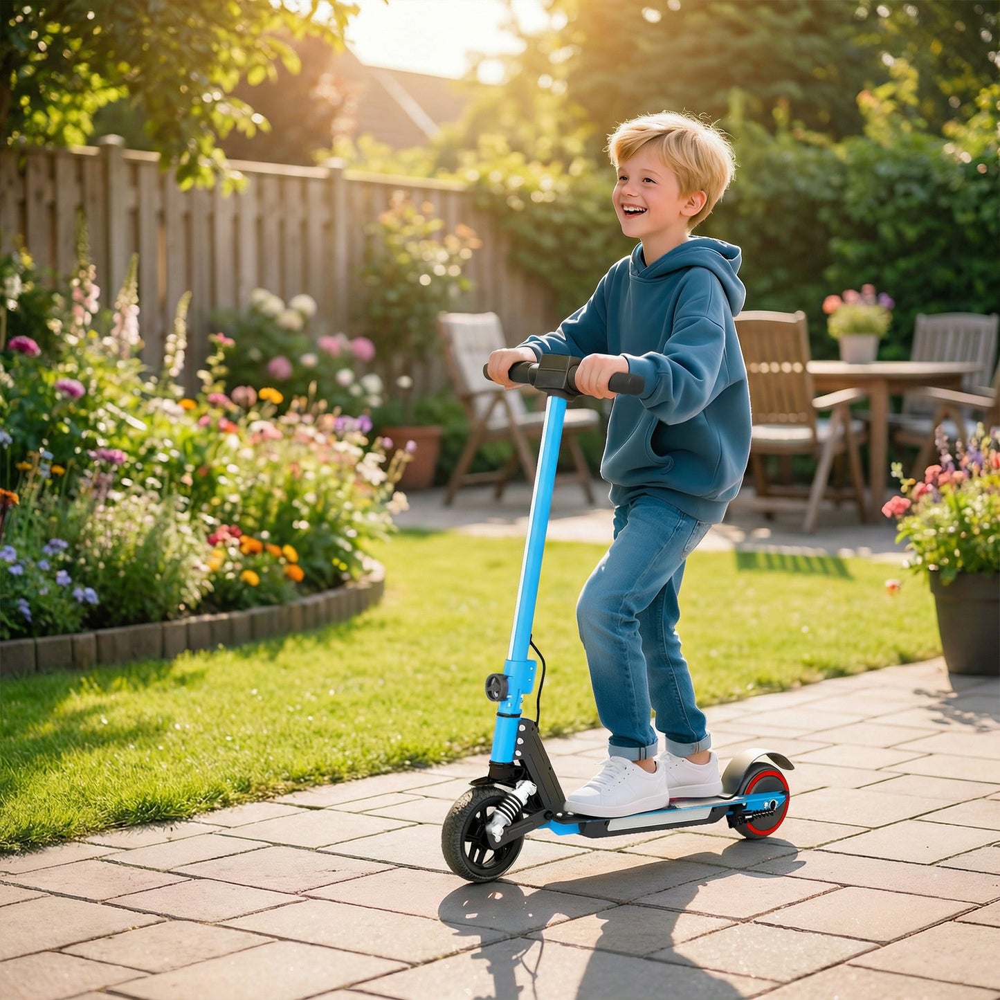 SPORTNOW Folding Electric Scooter for Kids, with Dual Brakes, Front Suspension, LED Colourful Lights, Blue