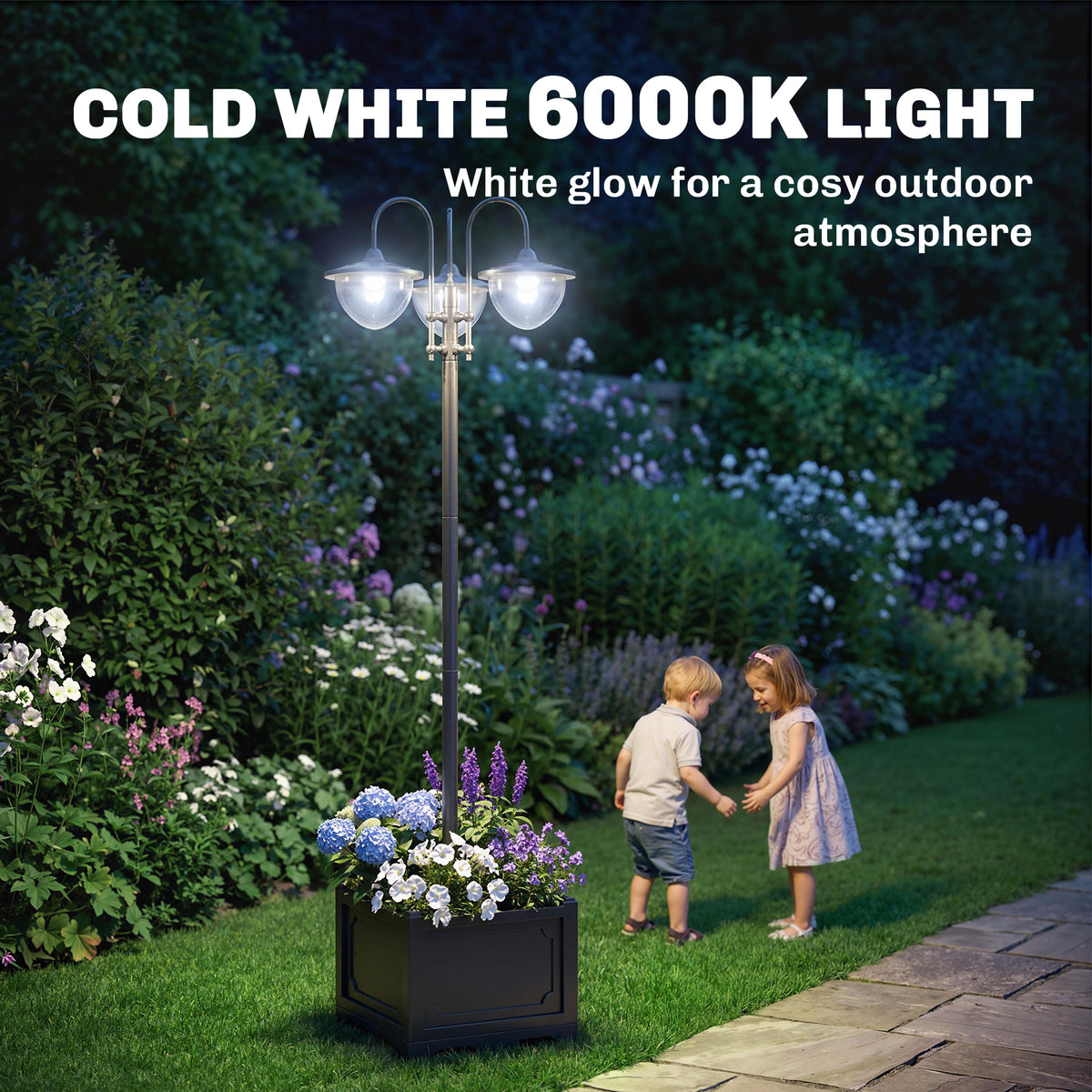 Three-head solar lamp post with flower-filled planter base and cool white lights