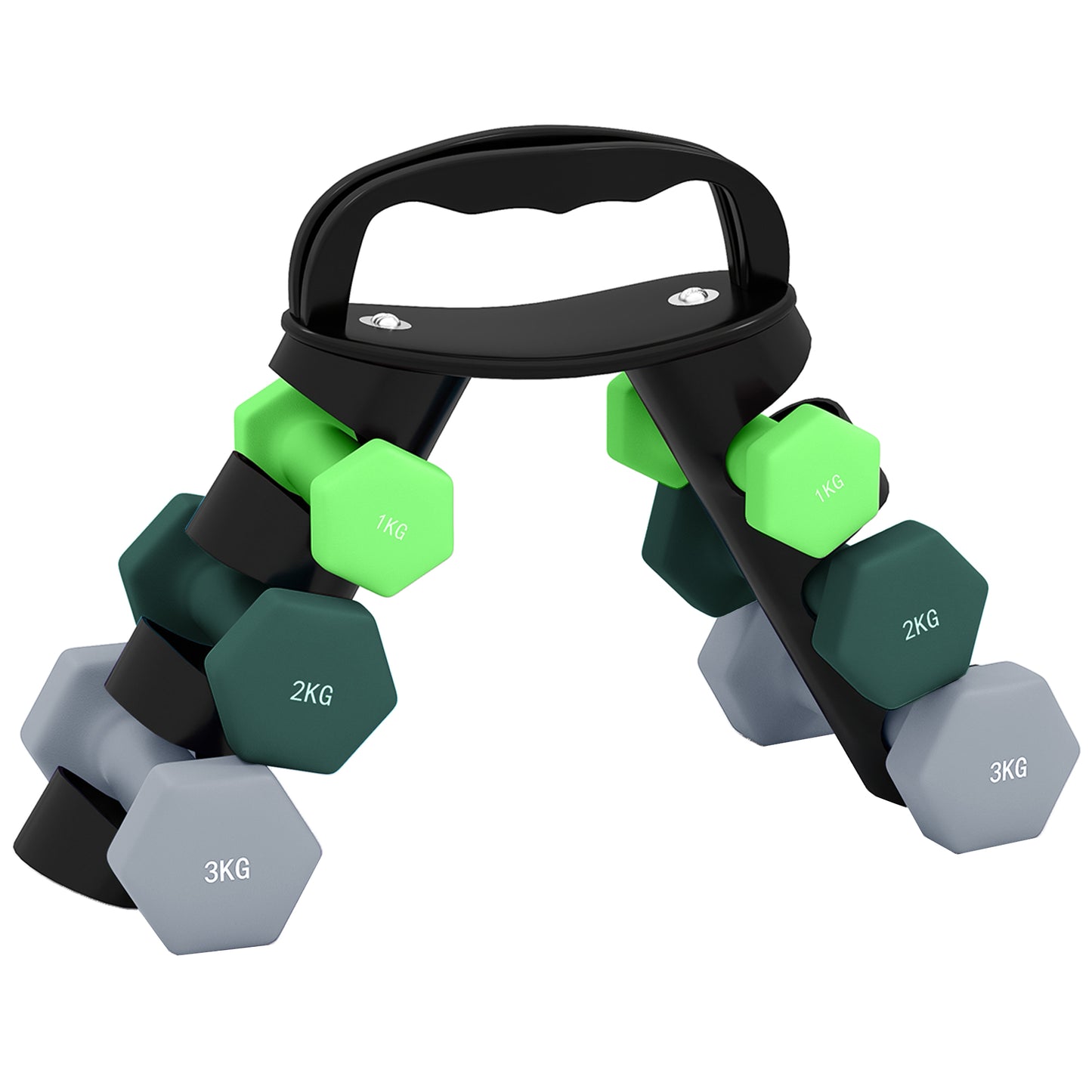 Photo of SPORTNOW Dumbbells Set with Storage Rack, 2 x 1kg, 2 x 2kg, 2 x 3kg, Green in Green colour on a white background