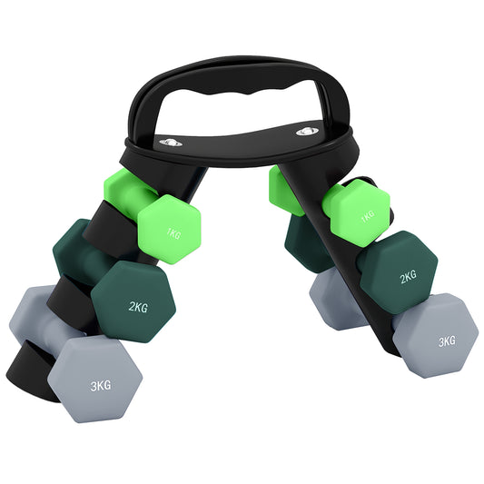 Photo of SPORTNOW Dumbbells Set with Storage Rack, 2 x 1kg, 2 x 2kg, 2 x 3kg, Green in Green colour on a white background