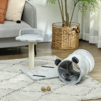 Grey cat tree with raised bed, scratching post, tunnel and hanging ball toy